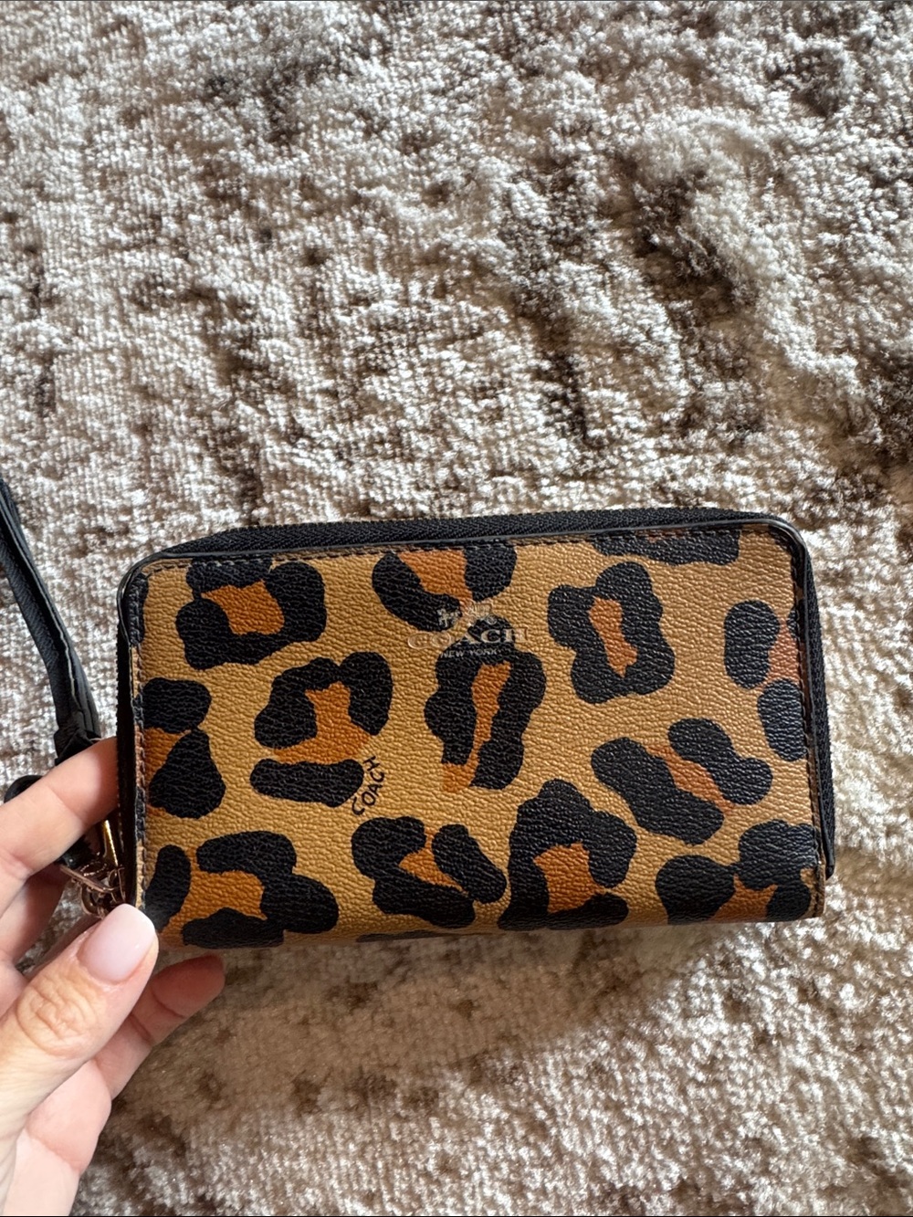 Coach Leopard Print Zip Wallet Wristlet in Brown and Black